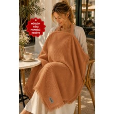 Zeypba 4 Katlı Müslin Sütlü Kahve Emzirme Örtüsü ve Puset Örtüsü 110x80 cm, %100 Pamuk Püsküllü (BALENLİ)
