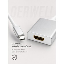 Derwell Type-C To HDMI Görüntü Ses Aktarıcı Dönüştürücü Adaptör | Telefon Tablet Laptop Televizyon Monitör Uyumlu Ekran Yansıtma Kablosu | Yüksek Performans Kolay Bağlantı Sunan Metal Gri Çevirici Aparat