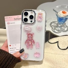 Sevgi Butik 3D Pembe Ayıcık Simli iPhone 15 Plus / 14 Plus Uyumlu Telefon Kılıfı – Şeffaf Silikon Glitter Bear Tasarımlı Darbe Emici