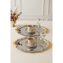 Kitchen Life 2'li Büyük Boy Vintage Işlemeli Oval Gold Kahve Sunum Tepsisi-Servis Tepsisi 28 cm