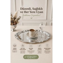 Kitchen Life Büyük Boy Vintage Işlemeli Oval Paslanmaz Çelik Gümüş Kahve Sunum Tepsisi-Servis Tepsisi 28 cm