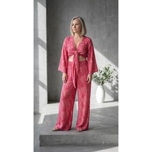 Byemelika %70 ipek , İki Parçalı , Bağlamalı Bluz Detaylı Bohem Takım ( Pembe)