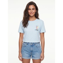 Onloox Bebe Mavisi Pamuklu Bisiklet Yaka Kısa Kollu Flamingo Nakış Detaylı Minimal Tasarım T-Shirt