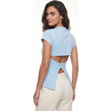 Onloox Bebe Mavisi Pamuklu Viskon Bisiklet Yaka Kısa Kollu Metal Kopçalı Yırtmaç Detaylı Korse Shapewear