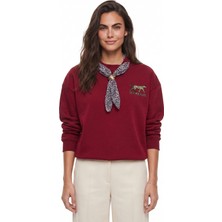 Onloox Bordo Pamuklu Üç Iplik Şardonlu Oversize Leopar Nakışlı Fular Detaylı Sweatshirt