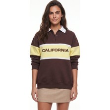 Onloox Kahverengi Pamuklu Karışım Polo Yaka Oversize Düğmeli California Nakış Detaylı Sweatshirt