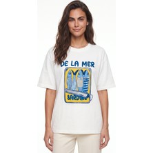 Onloox Beyaz Pamuklu Bisiklet Yaka Düşük Omuz Oversize Sardalya Grafik Baskılı Kısa Kollu T-Shirt