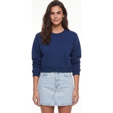 Onloox Lacivert Şardonlu Bisiklet Yaka Basic Crop Uzun Kollu Ribana Detaylı Sweatshirt