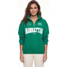 Onloox Yeşil Pamuklu Şardonlu Polo Yaka Oversize Yarım Fermuarlı Nakış Detaylı Sweatshirt