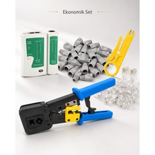 Ekonomik Set - RJ45 RJ11 Ağ Kurulum Krimp Pense -  Kablo Test Cihazı + Mini Soyucu + 100 Adet RJ45 + 100 Adet Konnektör Gri Kılıf