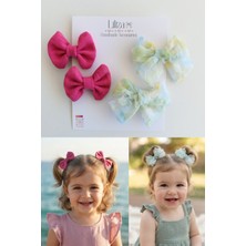 Liliza Accessories Pembe Mini Fiyonk - Yeşil-Sarı Fiyonk Bebek ve Çocuk 4lü Klips Toka Set (1-3 Yaş)