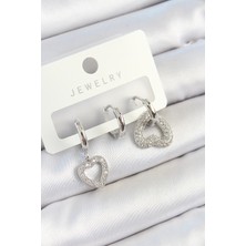 Fun And Market Buğz Pirinç Zirkon Taşlı Kalp Model Gümüş Renk 3'lü Çift Kadın Küpe Set