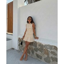 Asur Boutique Asur Butik Kadın Tüvit Gold Düğmeli Yelek Şort Etek Takım Şık Yazlık Ikili Takım