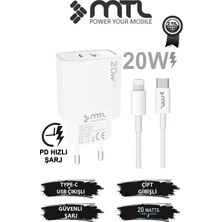 Mtl 20W Ultra Hızlı Çift Çıkış Type-C + USB Adaptör + Type-C To iPhone Lightning Kablo Şarj Seti MT1750