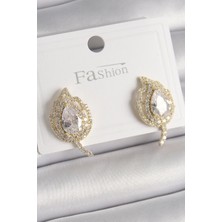 Fun And Market Buğz Pirinç Gold Renk Zirkon Taşlı Yaprak Model Kadın Küpe