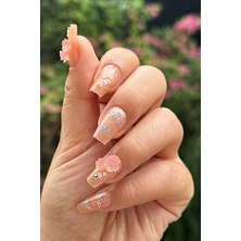 Easy Beauty 24 Adet Protez Tırnak Görünümlü Taşlı Çiçek Desenli Takma Tırnak Seti Yapıştırıcı Bant Hediyeli Z528