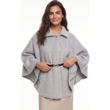 Onloox Gri Polyester Sakallı Yumoş Dokulu Beli Kemerli Tek Düğmeli Rahat Kesim Panço