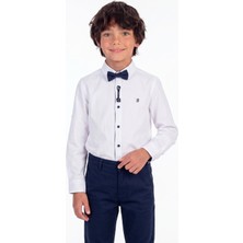Onloox Erkek Çocuk Beyaz Pamuklu Poplin Uzun Kollu Tam Kalıp Papyonlu Nakışlı Gömlek (8-12 Yaş)