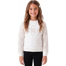 Onloox Kız Çocuk Ekru Pamuklu Bisiklet Yaka Uzun Kollu Kolları Çiçek Aplike Detaylı Sweatshirt (5-10 Yaş)