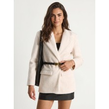 Onloox Krem Peluş Dokulu Astarlı Kemerli Cep Detaylı Polyester Karışımlı Blazer Ceket