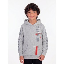 Onloox Erkek Çocuk Gri Melanj Pamuklu Kapüşonlu Tam Kalıp Baskılı Kanguru Cepli Sweatshirt (9-10 Yaş)
