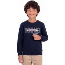 Onloox Erkek Çocuk Lacivert Pamuklu Bisiklet Yaka Uzun Kollu Regular Baskılı Örme Sweatshirt (8-12 Yaş)
