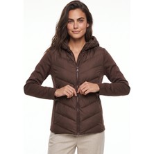Onloox Acı Kahve Polyester Kumaş Kapüşonlu Slim Fit Fermuarlı Garnili Şişme Mont Hoodie
