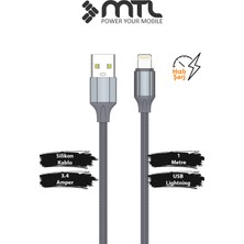 Mtl 3.4A USB To iPhone Lightning Silikon Hızlı Şarj ve Data Aktarım Kablosu 1 Metre Gri MT2432