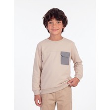 Onloox Erkek Bej Pamuklu Iki Iplik Bisiklet Yaka Regular Fit Kapaklı Cep Detaylı Sweatshirt (9-10 Yaş)