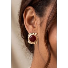 Aurrari Gold Vintage Dörtgen Bordo Mineli Küpe Renkli Tasarım Kadınlar İçin Şık Aksesuar