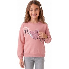 Onloox Kız Çocuk Gülkurusu Pamuklu Bisiklet Yaka Iki Iplik Pullu Yazı Baskılı Sweatshirt (4-5 Yaş)