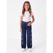 Onloox Kız Çocuk Koyu Mavi Pamuklu Geniş Paça Regular Taşlı Yıldız Baskılı Denim Jean Pantolon (5-9 Yaş)