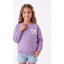 Onloox Kız Çocuk Lila Pamuklu Bisiklet Yaka Oversize Kedi Prenses Sırt Baskılı Sweatshirt (1.5-5 Yaş)