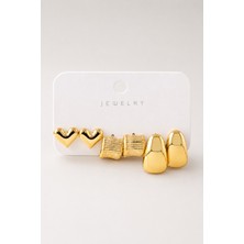 Trend Collection Gold 3’lü Küpe Seti Kalp Dokulu ve Oval Yeni Moda Küpe Set