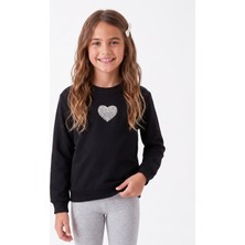 Onloox Kız Çocuk Siyah Pamuklu Bisiklet Yaka Uzun Kollu Inci Taşlı Kalp Desenli Sweatshirt (9-14 Yaş)