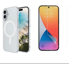 Tekno Grup Iphone 16 Plus Kılıf Mika Kamera Korumalı M-Safe Şarj Özellikli Şeffaf Sert Pc London Kapak + Esnek Nano Ekran Koruyucu
