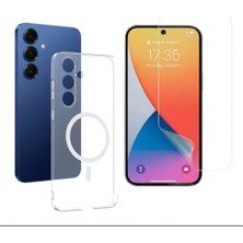 Tekno Grup Galaxy S25 Fe Kılıf Mika Kamera Korumalı M-Safe Şarj Özellikli Şeffaf Sert Pc London Kapak + Esnek Nano Ekran Koruyucu