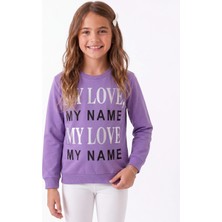 Onloox Kız Çocuk Lila Pamuklu Bisiklet Yaka Regular Kesim Yazı Baskılı Pullu Sweatshirt (8-12 Yaş)