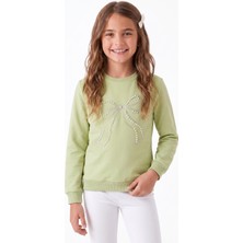 Onloox Kız Çocuk Fıstık Yeşili Pamuklu Bisiklet Yaka Uzun Kollu Incili Taşlı Sweatshirt (7-12 Yaş)