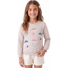Onloox Kız Çocuk Bej Melanj Pamuklu Bisiklet Yaka Iki Iplik Şemsiyeli Güpür Baskılı Sweatshirt (1.5-5 Yaş)