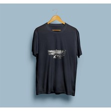 Oversize Siyah Beyaz Dalga Okyanus Çizim Tasarım Unisex T-Shirt