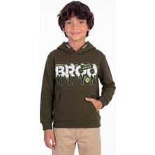 Onloox Erkek Haki Yeşil Pamuklu Iki Iplik Uzun Kollu Regular Kalıp Kanguru Cepli Sweatshirt (9-10 Yaş)