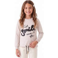 Onloox Kız Çocuk Bej Melanj Pamuklu Bisiklet Yaka Uzun Kollu Incili Taşlı Bağcıklı Sweatshirt (9 Yaş)