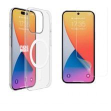 Tekno Grup Iphone 15 Pro Max Kılıf Mika Kamera Korumalı M-Safe Şarj Özellikli Şeffaf Sert Pc London Kapak + Esnek Nano Ekran Koruyucu