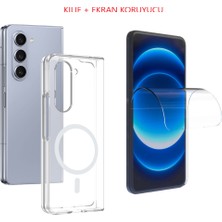 Tekno Grup Galaxy Z Fold 5 Kılıf Mika Kamera Korumalı M-Safe Şarj Özellikli Şeffaf Sert Pc London Kapak + Esnek Nano Ekran Koruyucu