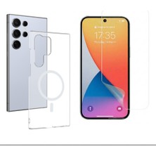 Tekno Grup Galaxy S24 Ultra Kılıf Mika Kamera Korumalı M-Safe Şarj Özellikli Şeffaf Sert Pc London Kapak + Esnek Nano Ekran Koruyucu