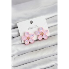 Pembe Renk Kristal Taşlı Çiçek Model Kadın Küpe Midastech