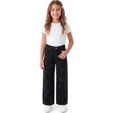 Onloox Kız Çocuk Siyah Pamuklu Geniş Paça Regular Yıldız Baskılı Denim Jean Pantolon (10-14 Yaş)