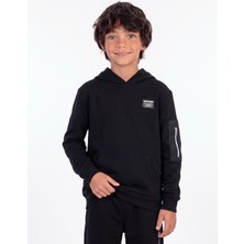 Onloox Erkek Çocuk Siyah Pamuklu Kapüşonlu Uzun Kollu Regular Kalıp Kolu Fermuarlı Sweatshirt (9-11 Yaş)