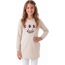 Onloox Kız Çocuk Bej Pamuklu Bisiklet Yaka Uzun Kollu Slim Fit Yazı Baskılı Cepli Tunik (8 Yaş)